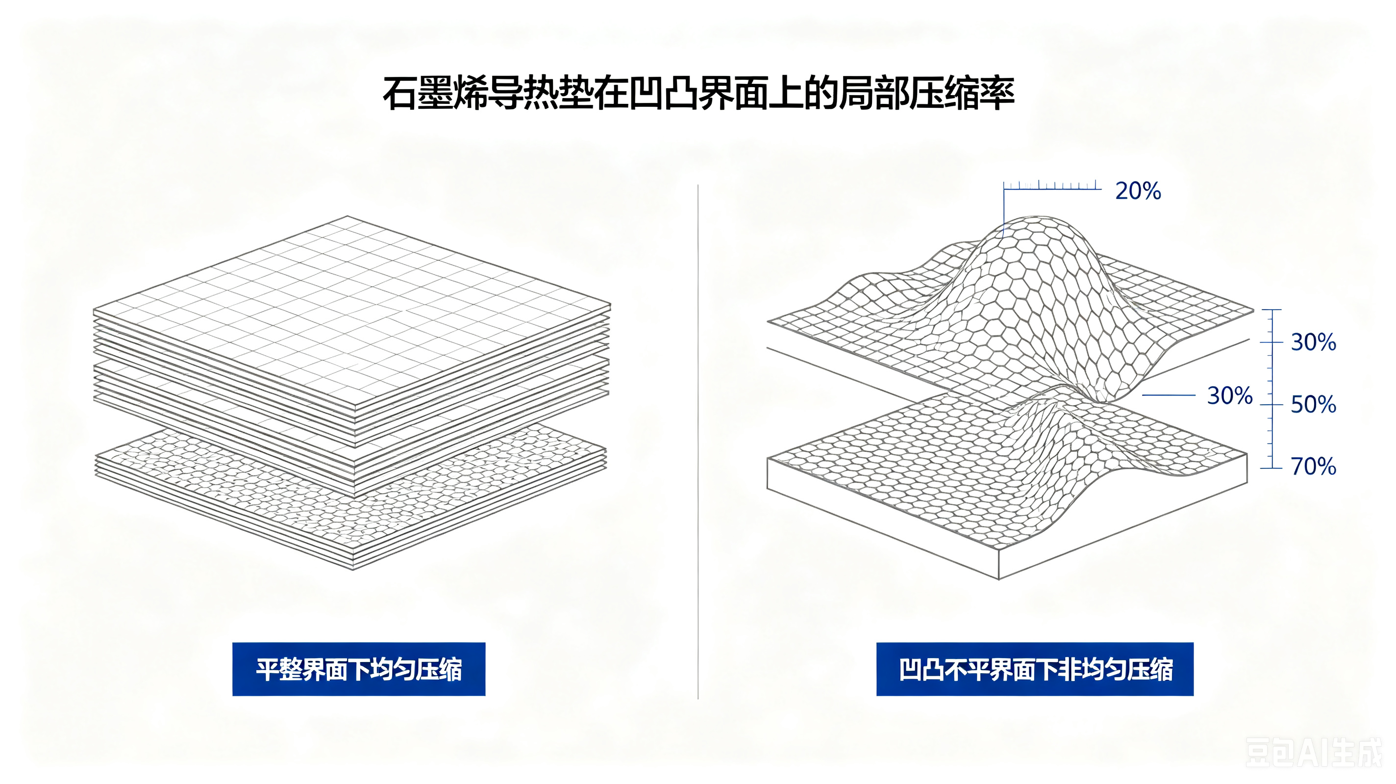 石墨烯导热垫在平整与凹凸界面下的压缩示意图