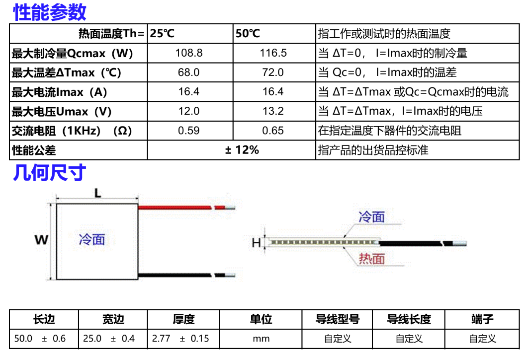 TEC 制冷片性能参数与几何尺寸