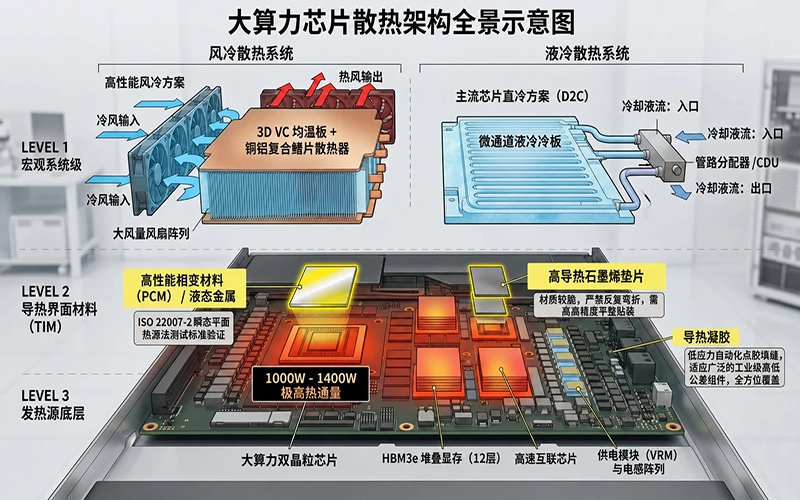 AI服务器高功率芯片散热结构与热界面材料应用示意图